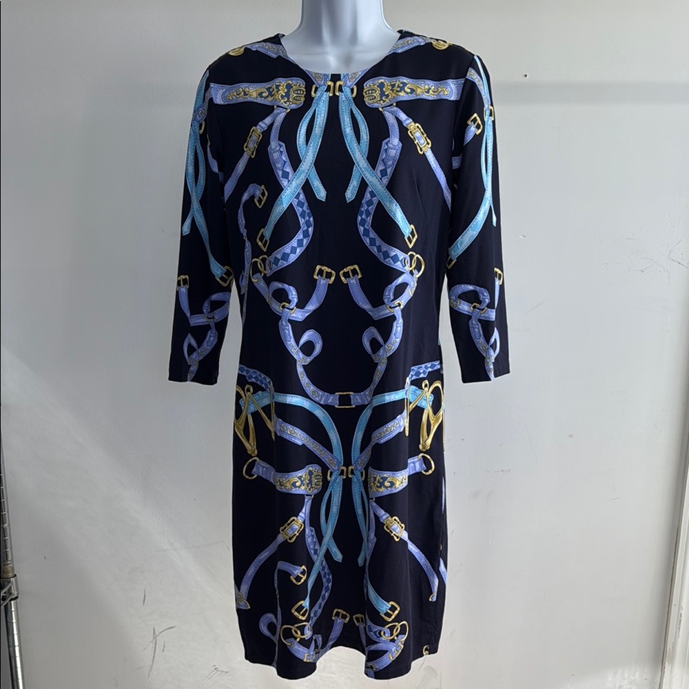 J. McLaughlin Sophia, Blue Dress with Gold Accents size Medium